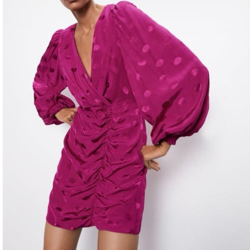 NWT Zara Polka Dot Satin Pink Plunge Ruched Puff Sleeve Party Mini Dress Small